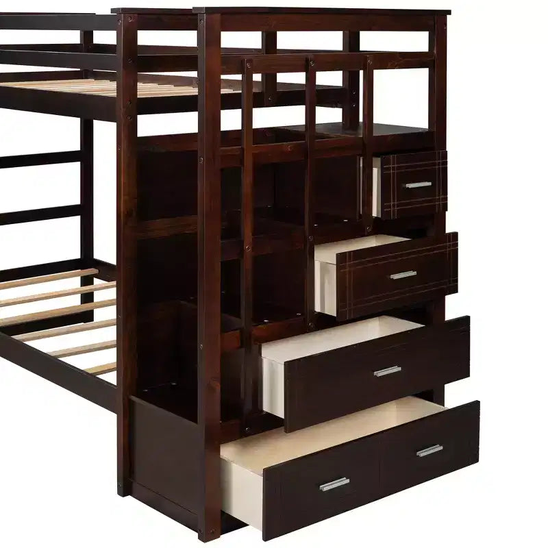 Letto a Castello Twin-over-Twin Espresso/Grigio/Bianco con Cassetti, Letto Estraibile e Scala, 3 Posti Letto