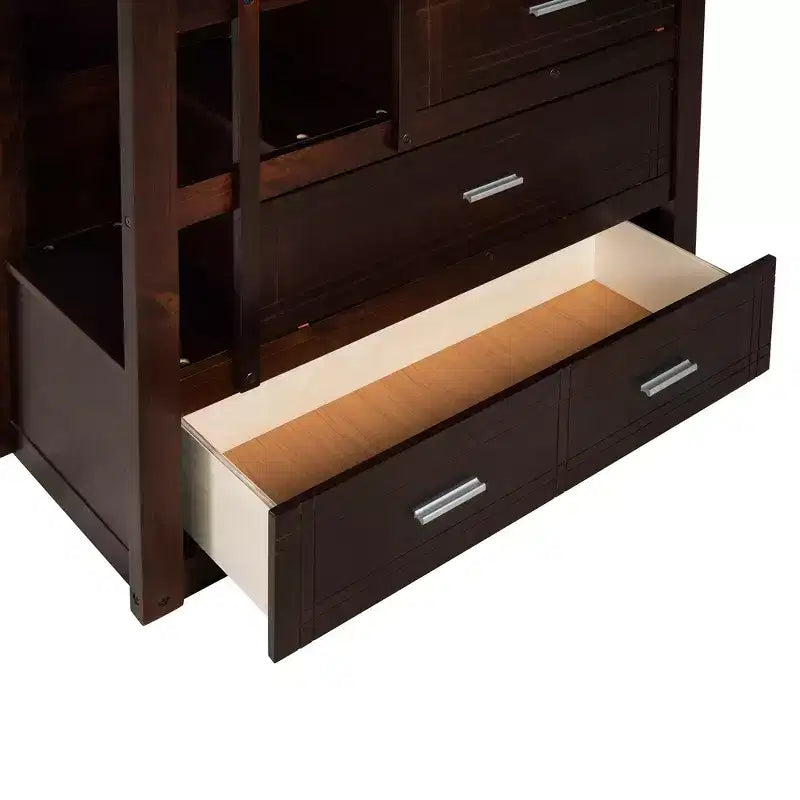 Letto a Castello Twin-over-Twin Espresso/Grigio/Bianco con Cassetti, Letto Estraibile e Scala, 3 Posti Letto