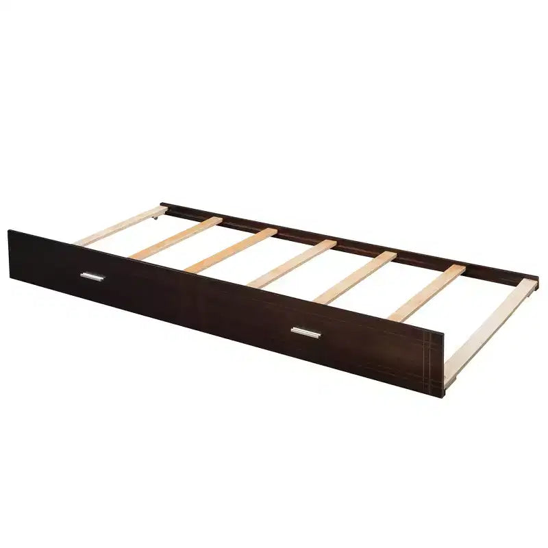 Letto a Castello Twin-over-Twin Espresso/Grigio/Bianco con Cassetti, Letto Estraibile e Scala, 3 Posti Letto