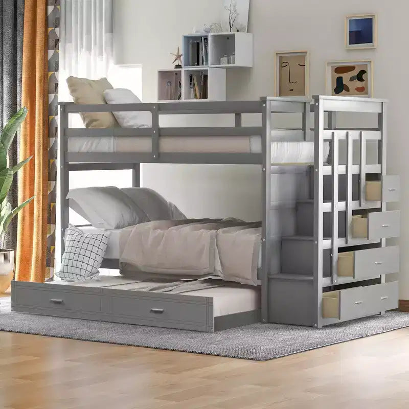 Letto a Castello Twin-over-Twin Espresso/Grigio/Bianco con Cassetti, Letto Estraibile e Scala, 3 Posti Letto