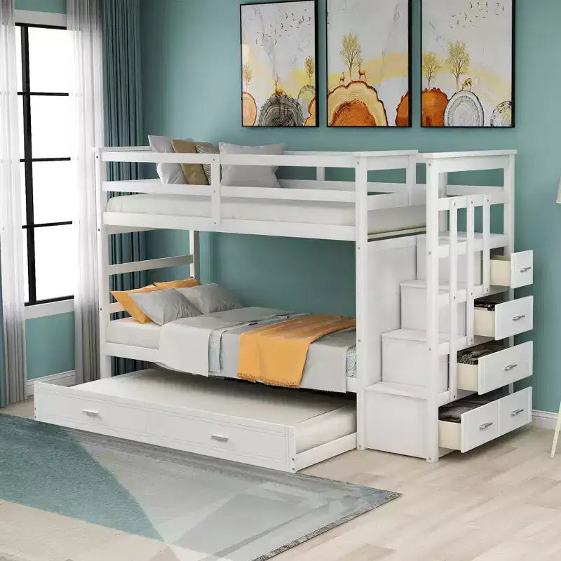Letto a Castello Twin-over-Twin Espresso/Grigio/Bianco con Cassetti, Letto Estraibile e Scala, 3 Posti Letto