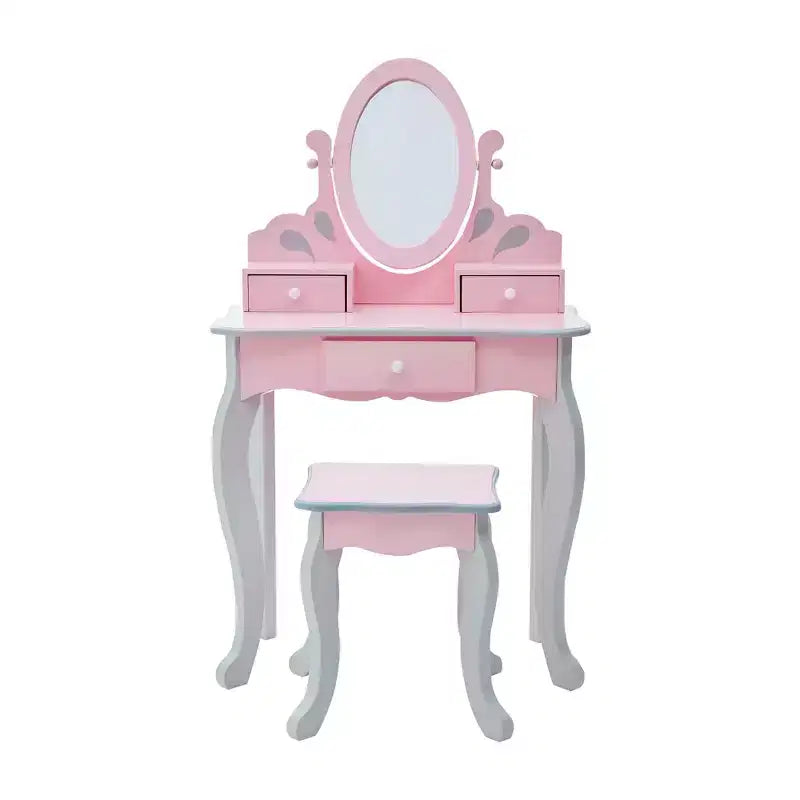 Set da toeletta rosa per bambini con sgabello e specchio, 2 pezzi