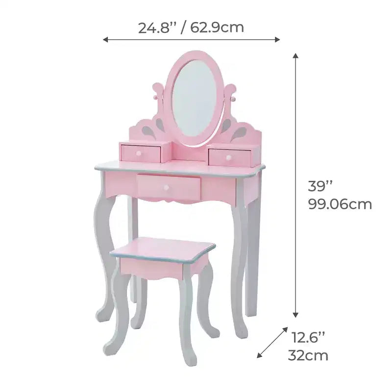 Set da toeletta rosa per bambini con sgabello e specchio, 2 pezzi