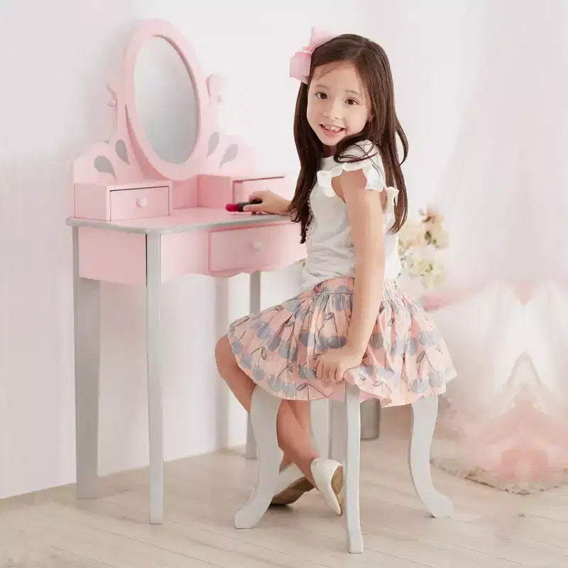 Set da toeletta rosa per bambini con sgabello e specchio, 2 pezzi