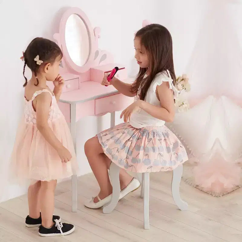 Set da toeletta rosa per bambini con sgabello e specchio, 2 pezzi