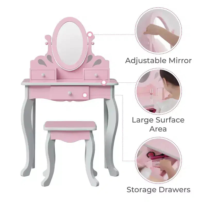 Set da toeletta rosa per bambini con sgabello e specchio, 2 pezzi